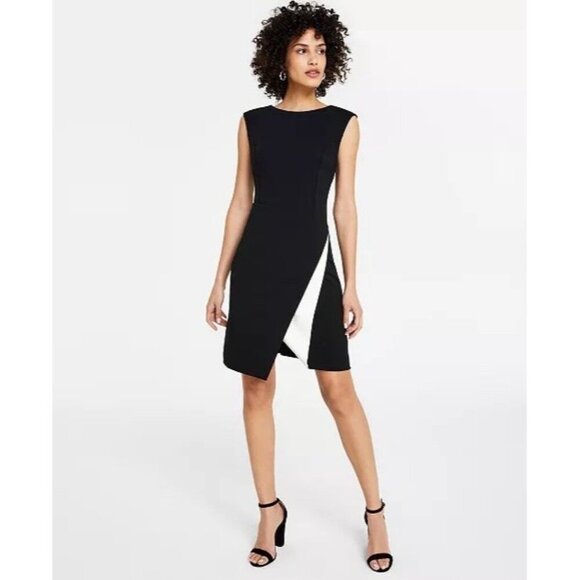 New DKNY Women's Size 6 Black Scuba Crepe Contrast Round Neck Sleeveless Dress - Picture 1 of 11